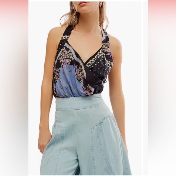 Free People Sweet Thing Mixed Print Cotton Bodysuit in Granite Combo,Size S, New - Picture 15 of 15